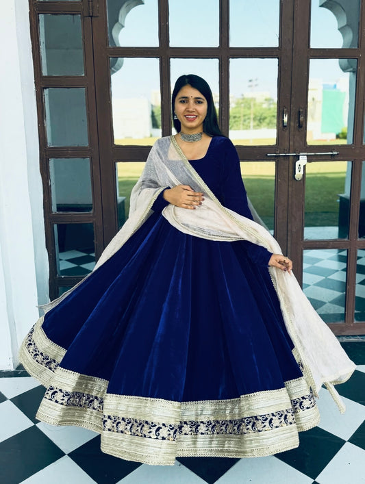 Zohra – Royal Blue Velvet Anarkali Suit Set (3 Piece)