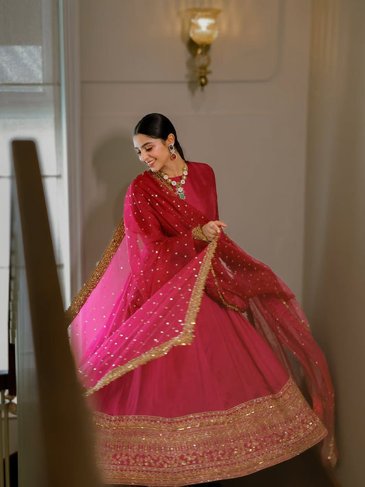 Noor Pink Color Embroidered Work Anarkali Suit Set