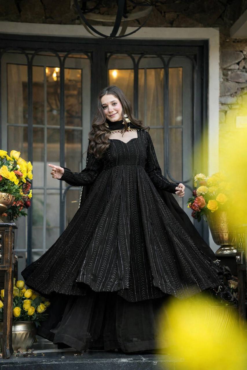 black anarkali dresses designs new collection Tulip Designer |  Royal Black Fox Georgette Embroidery Anarkali Gown Set  with Dupatta  Step into timeless elegance with this stunning Black Fox  Georgette