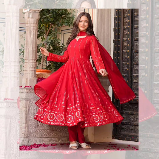 Rangrez – Red Embroidered Anarkali Suit Set (3 Piece)