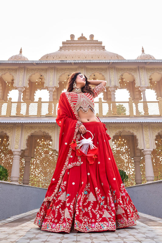 Ruhaina Red Cording Embroidered Lehenga Choli Set [3 PCS]