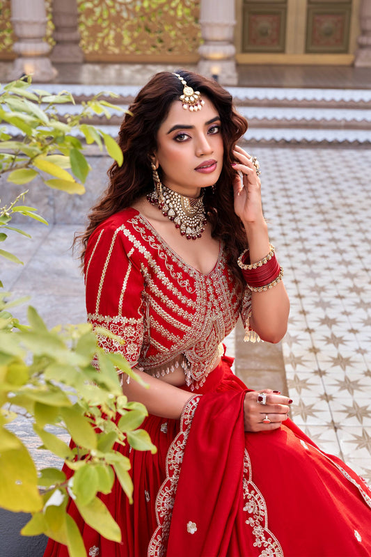 Ruhaina Red Cording Embroidered Lehenga Choli Set [3 PCS]