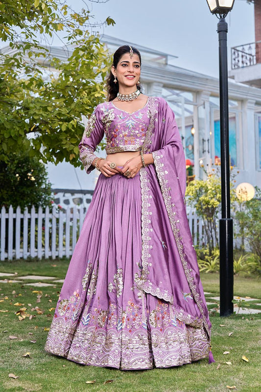 Mehrisha Lavender Embroidered Lehenga Choli Set [3 PCS]