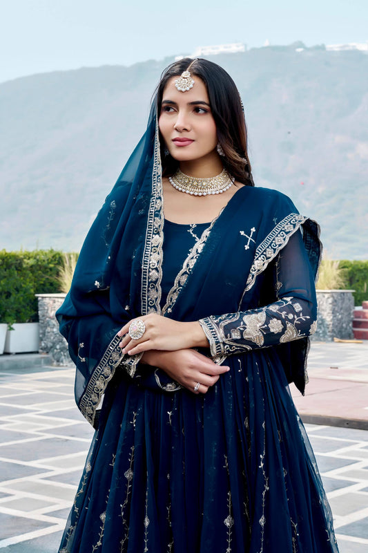 Neelpari Navy Blue Festival Long Gown Set [2 PCS]