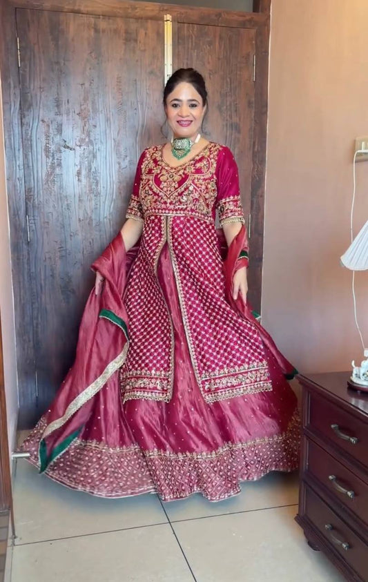 Aafiya Royale Chinon Silk Crop Top & Lehenga Set [3 Pcs]