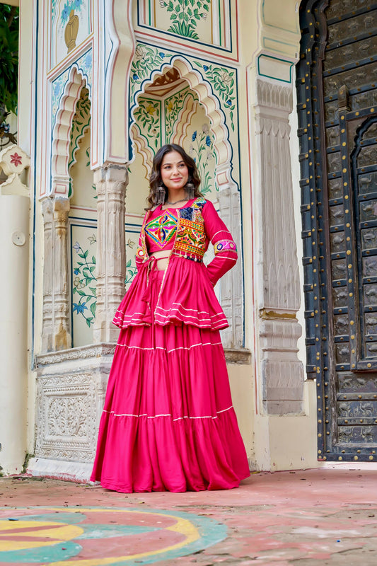 Rangmayi Dark Pink Navratri Gamathi Work Lehenga Choli Set [3 PCS]