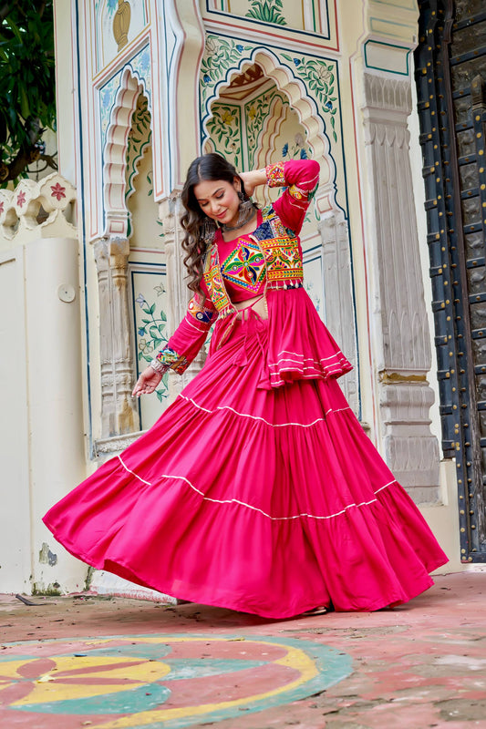 Rangmayi Dark Pink Navratri Gamathi Work Lehenga Choli Set [3 PCS]