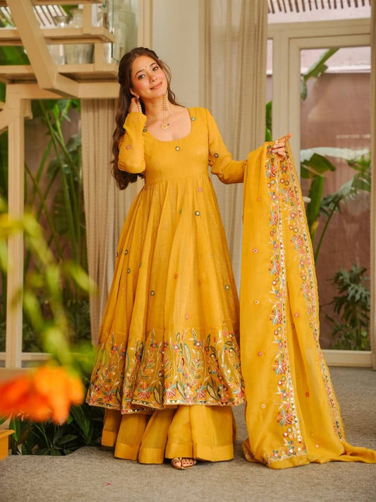 Surmayi Yellow Crunchy Silk Anarkali Sharara Suit Set [3 PCS]