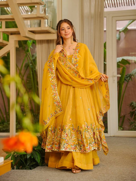 Surmayi Yellow Crunchy Silk Anarkali Sharara Suit Set [3 PCS]