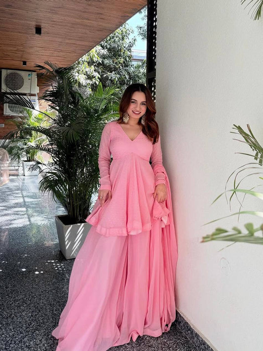 Abeer Baby Pink Foil Work Sharara Suit Set [3 PCS]