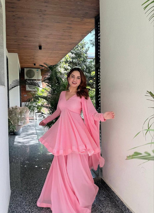 Abeer Baby Pink Foil Work Sharara Suit Set [3 PCS]