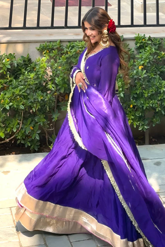Zehra Purple Blooming Anarkali Sharara Suit Set [3 PCS]
