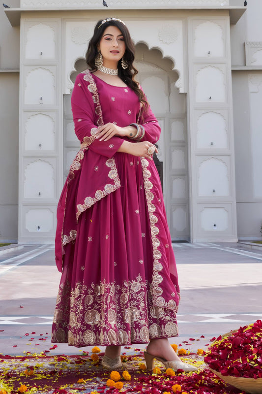 Ruhira Rani Pink Embroidered Long Gown Set [2 PCS]
