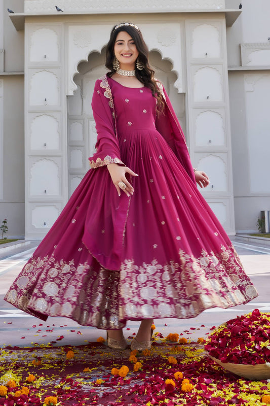 Ruhira Rani Pink Embroidered Long Gown Set [2 PCS]