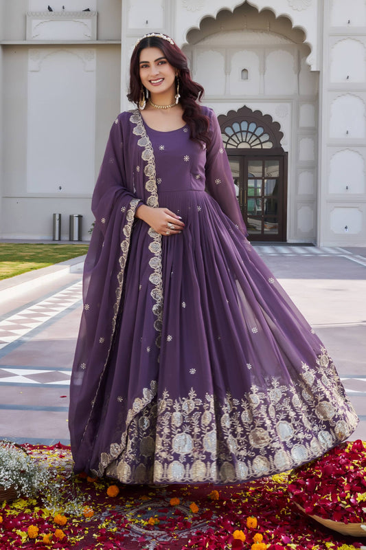 Meherza Purple Embroidered Long Gown Set [2 PCS]