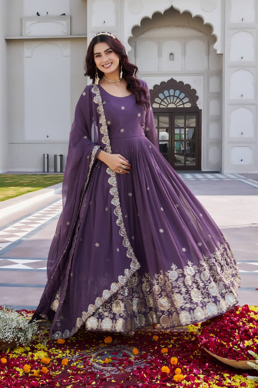 Meherza Purple Embroidered Long Gown Set [2 PCS]