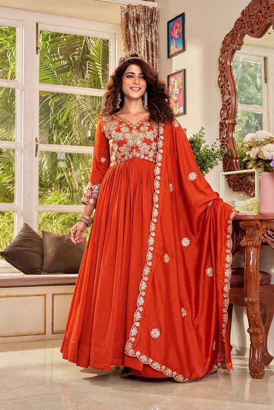 Kesariya Orange Festival Long Gown Set With Dupatta [2 PCS]