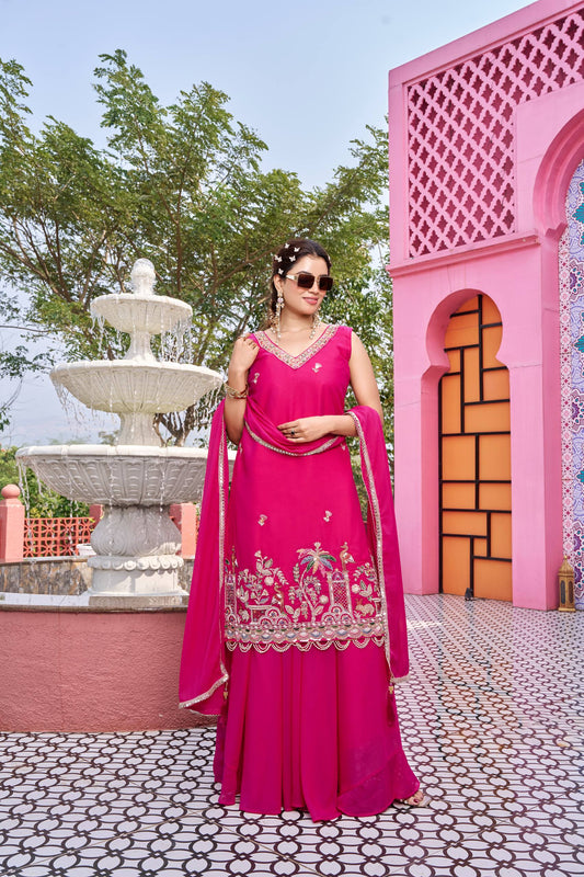 Rangriti Rani Pink Moti Work Kurti Palazzo Set [3 PCS]