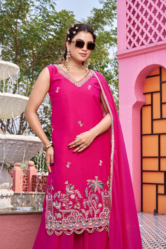 Rangriti Rani Pink Moti Work Kurti Palazzo Set [3 PCS]