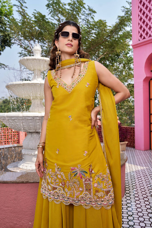 Haldrika Yellow Moti Work Kurti Palazzo Set [3 PCS]