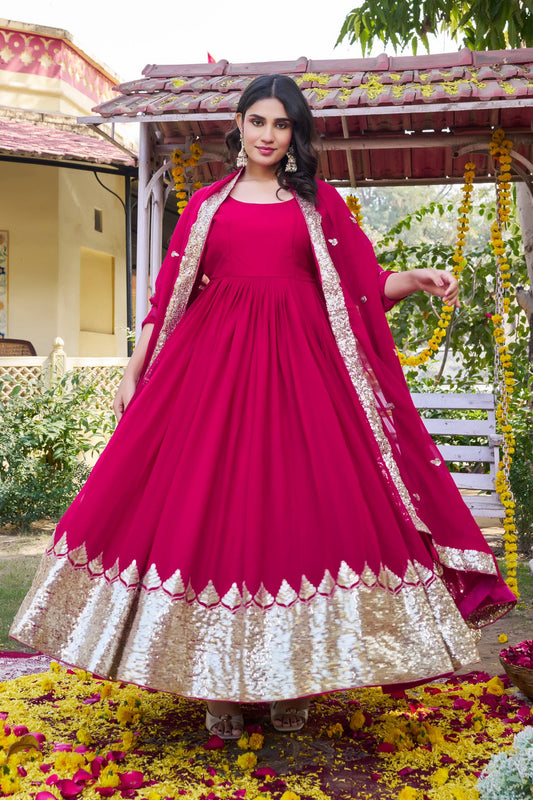 Zehnika Rani Pink Embroidered Long Gown Set [2 PCS]