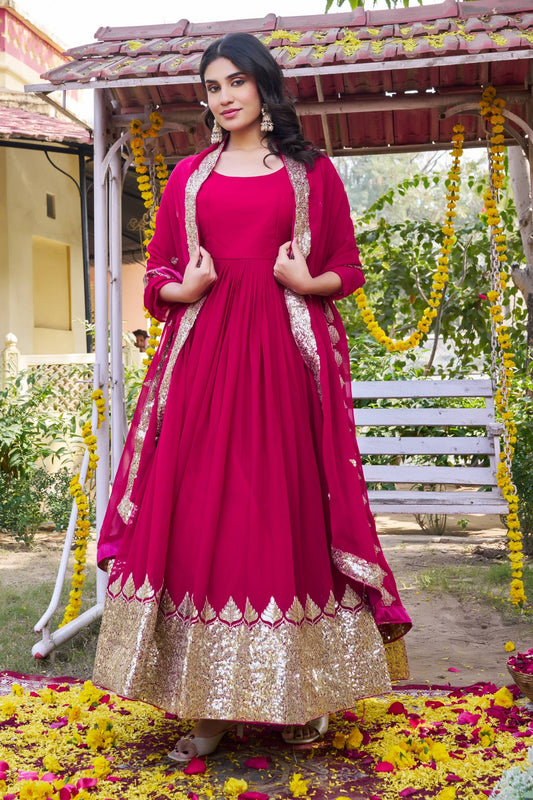 Zehnika Rani Pink Embroidered Long Gown Set [2 PCS]