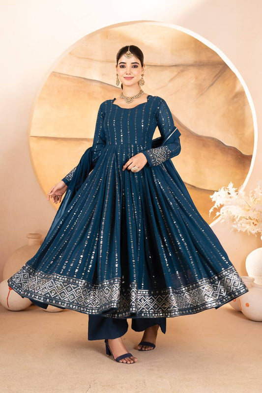 Ramyaara – Rama Blue Designer Luxury Anarkali Suit Set (3 PCS)
