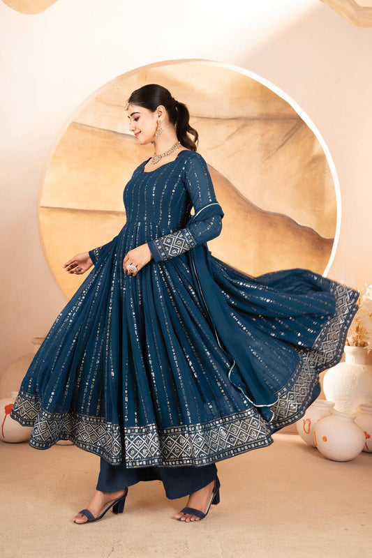 Ramyaara – Rama Blue Designer Luxury Anarkali Suit Set (3 PCS)